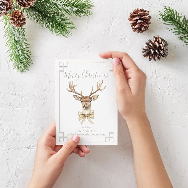 Tarjeta Festiva Festividad de los venados de Woodland (Deer with Gold Bow Christmas card)