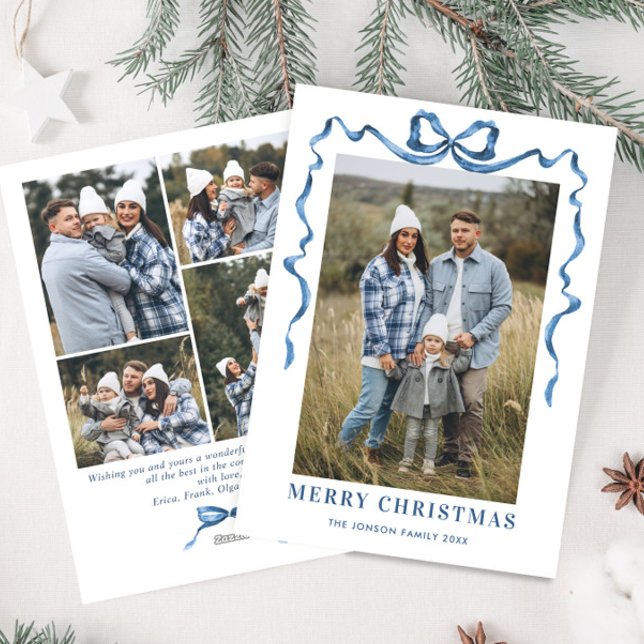 Tarjeta Festiva Festividad de Navidades azules Bow Ribbon 5 Foto (Subido por el creador)