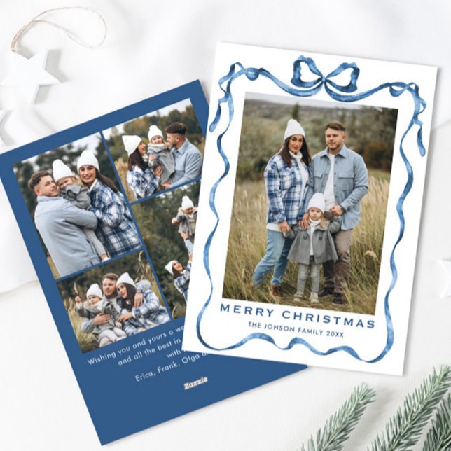 Tarjeta Festiva Festividad de Navidades azules Bow Ribbon 5 Foto (Subido por el creador)