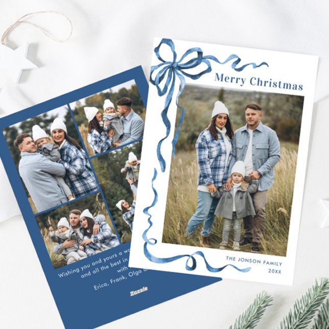 Tarjeta Festiva Festividad de Navidades azules Bow Ribbon 5 Foto (Subido por el creador)