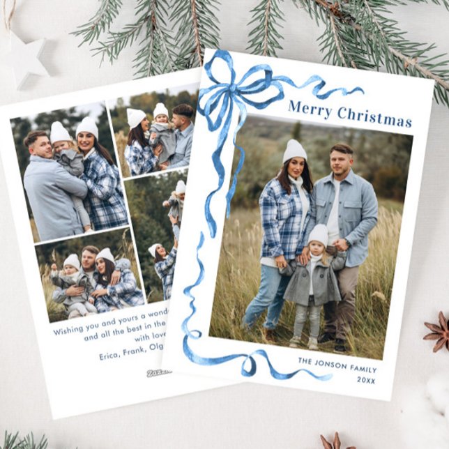Tarjeta Festiva Festividad de Navidades azules Bow Ribbon 5 Foto (Subido por el creador)
