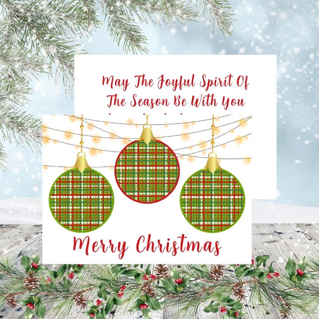 Tarjeta Festiva Festividad de Ornamento de Enjuiciamiento Verde Ro (Merry Christmas Trio Plaid Ornaments Holiday Card)