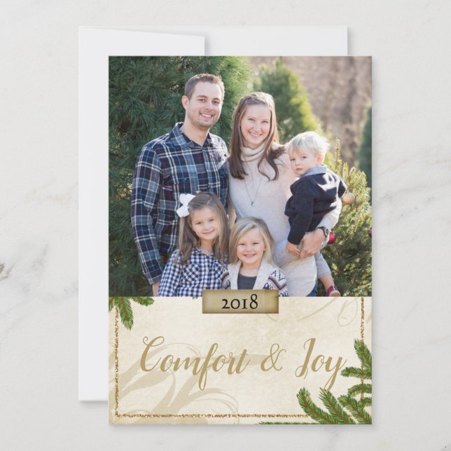 Tarjeta Festiva Festividad de Pine Boughs Confort y Joy Photo Gree (Anverso)