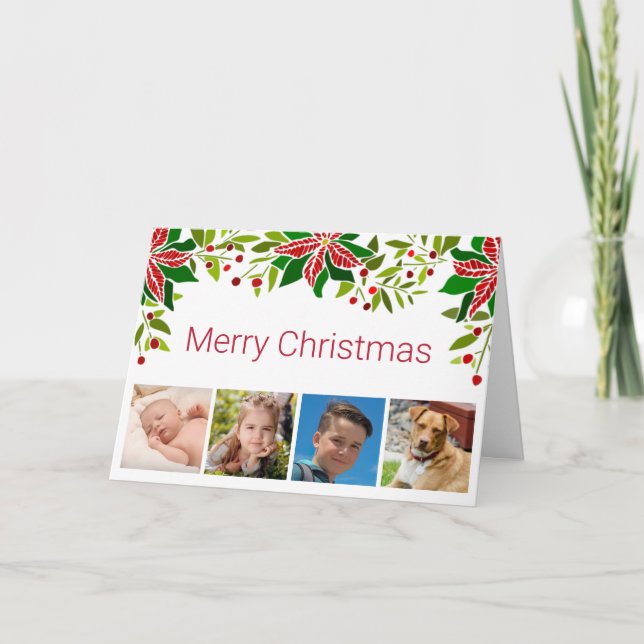 Tarjeta Festiva Festividad de Poinsettia y Holly Four Photo (Anverso)
