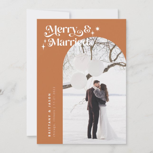 Tarjeta Festiva Festividad de retro terracota Merry y foto casada (Anverso)