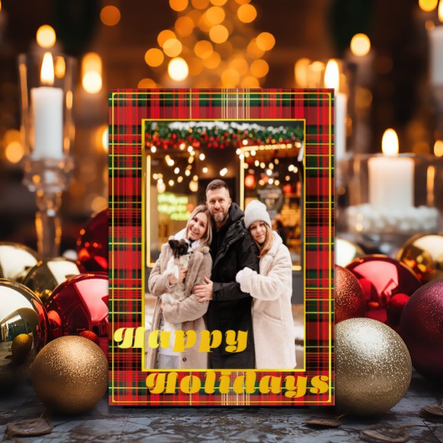 Tarjeta Festiva Festividad de Tartán Verde y Rojo ('Happy Holidays' Red and Green Tartan Plaid Christmas Photo Holiday Greeting Card)
