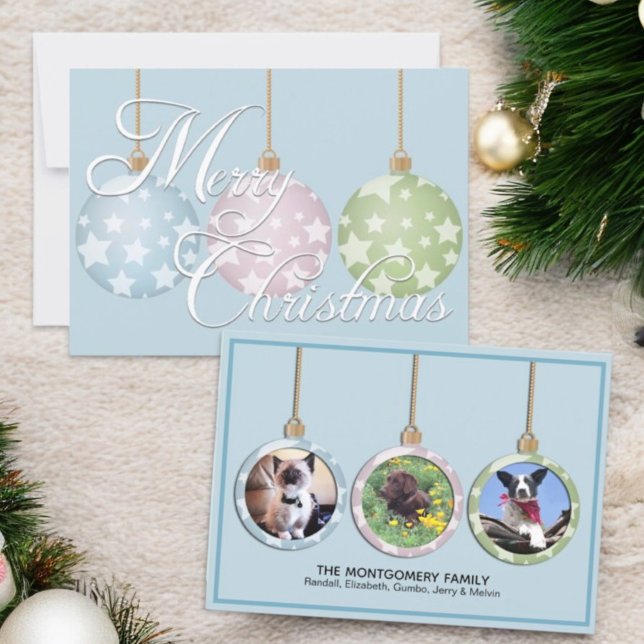 Tarjeta Festiva Festividad de tres Navidades Mascotas de honor (front and back custom photo non-traditional colors Christmas flat card)