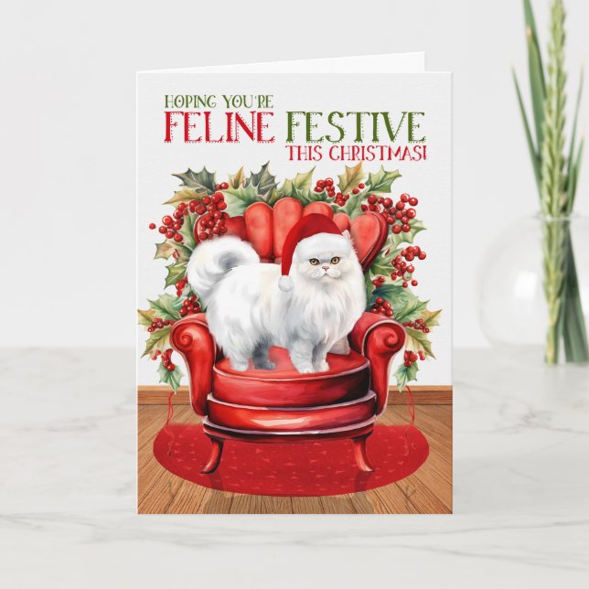 Tarjeta Festiva Festividad del gato de Navidades persas blancos (Anverso)
