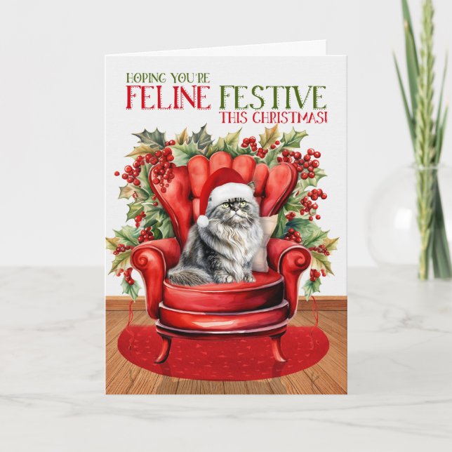 Tarjeta Festiva Festividad del gato de Navidades persas grises (Anverso)