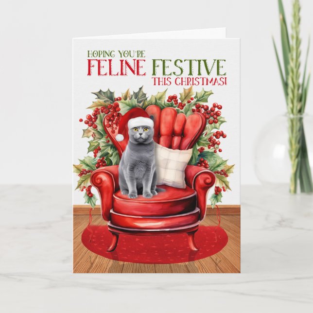 Tarjeta Festiva Festividad del gato FELINE de Chartreux Gray Navid (Anverso)