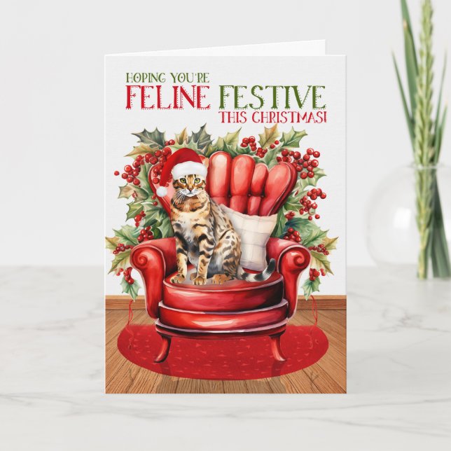 Tarjeta Festiva Festividad del gato FELINE de los Navidades Bengal (Anverso)