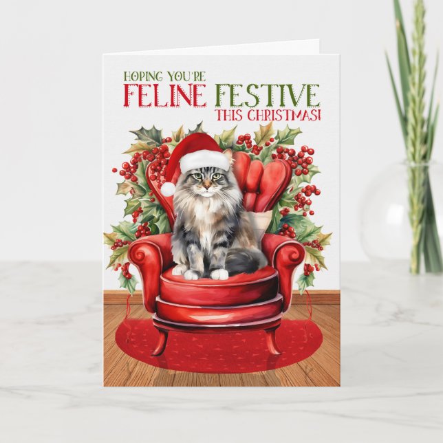 Tarjeta Festiva Festividad del gato FELINE de los Navidades forest (Anverso)
