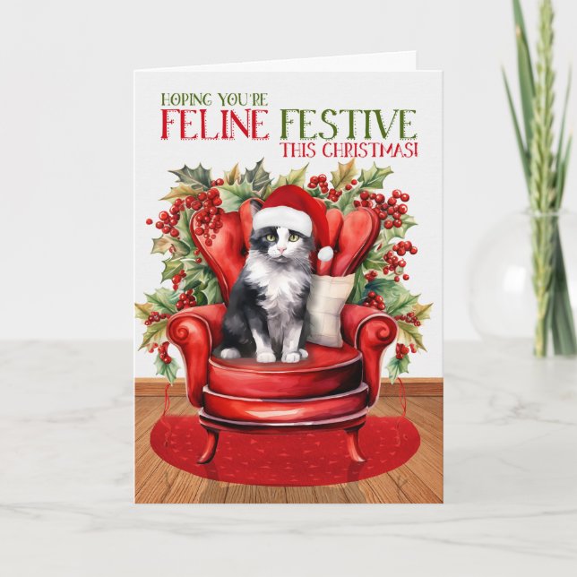 Tarjeta Festiva Festividad del gato FELINE, Navidades del tuxedo b (Anverso)