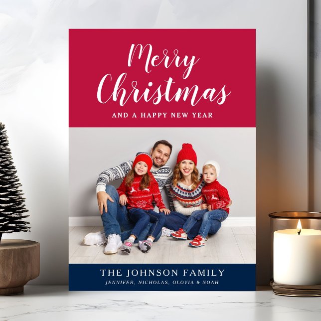 Tarjeta Festiva Festividad del Guión Blanco Rojo Azul Feliz Navida (Festive Red White Blue Script Merry Christmas Holiday Card)