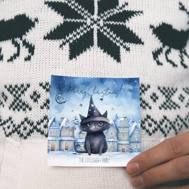 Tarjeta Festiva Festividad festiva de Navidades de gato negro lind (Black Wizard Cat Christmas Poster - Magical Holiday Card)