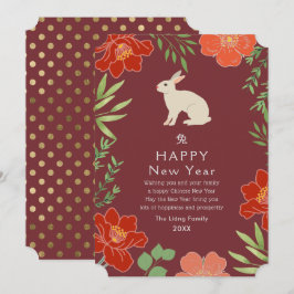 Tarjeta Festiva Festividad floral de conejo de Año Nuevo chino