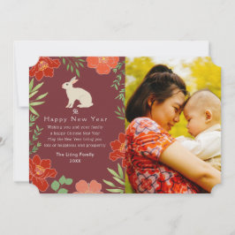 Tarjeta Festiva Festividad floral de conejo de Año Nuevo chino