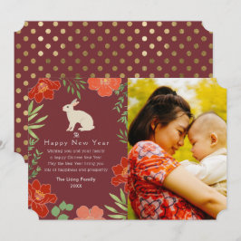 Tarjeta Festiva Festividad floral de conejo de Año Nuevo chino