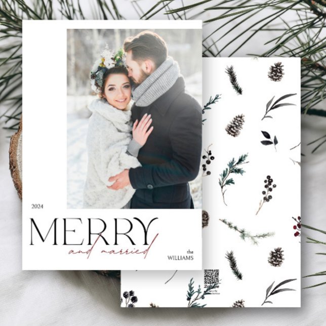 Tarjeta Festiva Festividad fotográfica de merry simple y recién ca (Merry & married! Celebrate your first holiday as newlyweds with this elegant photo card.
)
