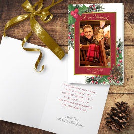 Tarjeta Festiva Festividad Holly Berries y Pine Merry Fotografía d