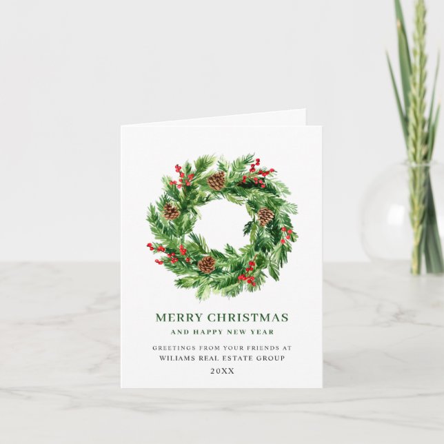 Tarjeta Festiva Festividad Holly Berry Pine Cones Wreath Navidades (Anverso)