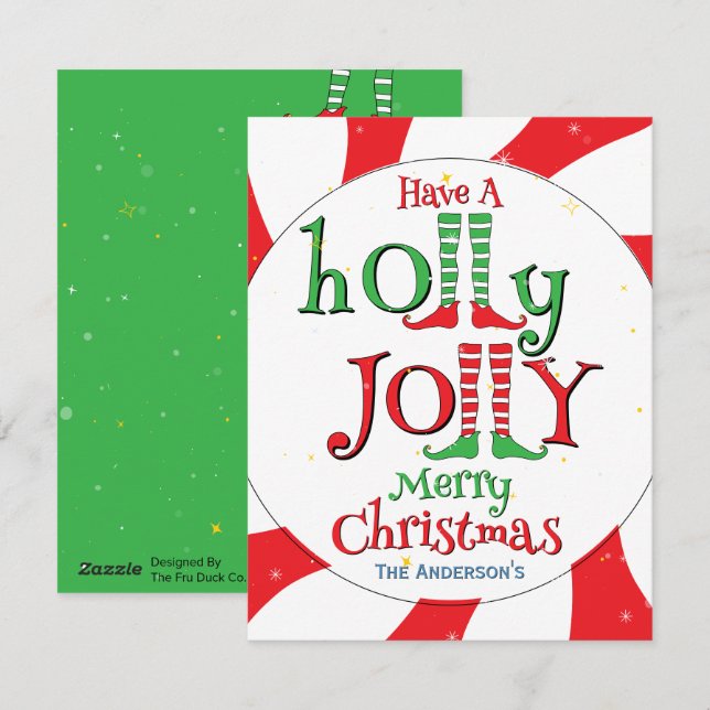 Tarjeta Festiva Festividad Holly Jolly Merry Christmas Elf Glam (Anverso / Reverso)