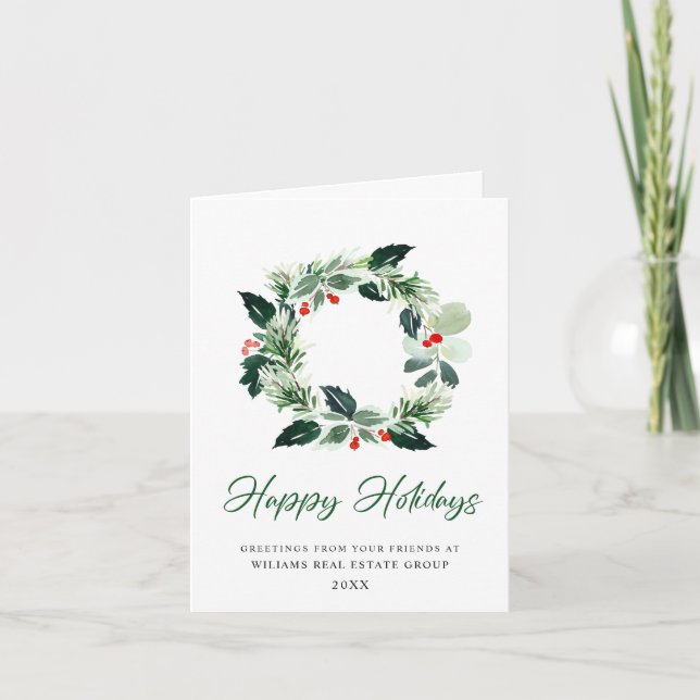 Tarjeta Festiva Festividad Holly Wreath Navidades Saludo Corporati (Anverso)