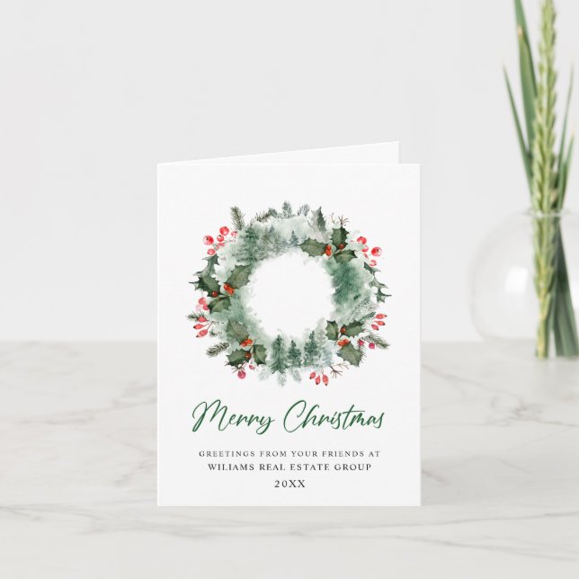 Tarjeta Festiva Festividad Holly Wreath Navidades Saludo Corporati (Anverso)
