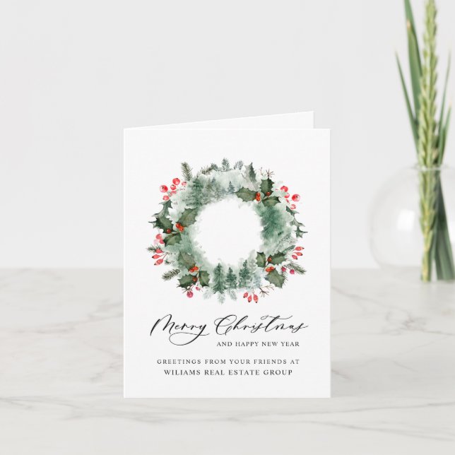 Tarjeta Festiva Festividad Holly Wreath Navidades Saludo Corporati (Anverso)