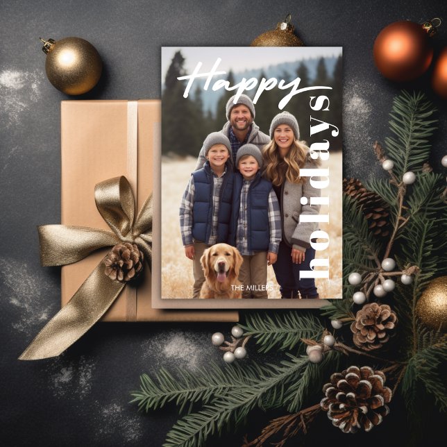 Tarjeta Festiva Festividad más felina Navy Tartán 1 Foto moderna (Happiest Holidays Navy Plaid Tartan 1 Photo Modern Holiday Card)