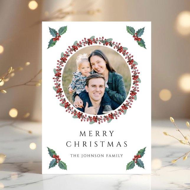 Tarjeta Festiva Festividad Navidades de fotografía de la vegetació (Festive Holly Botanical Greenery Photo Christmas Holiday Card)