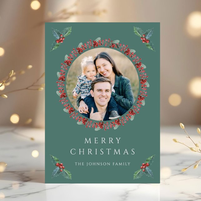 Tarjeta Festiva Festividad Navidades de fotografía de la vegetació (Festive Holly Botanical Greenery Photo Christmas Holiday Card)