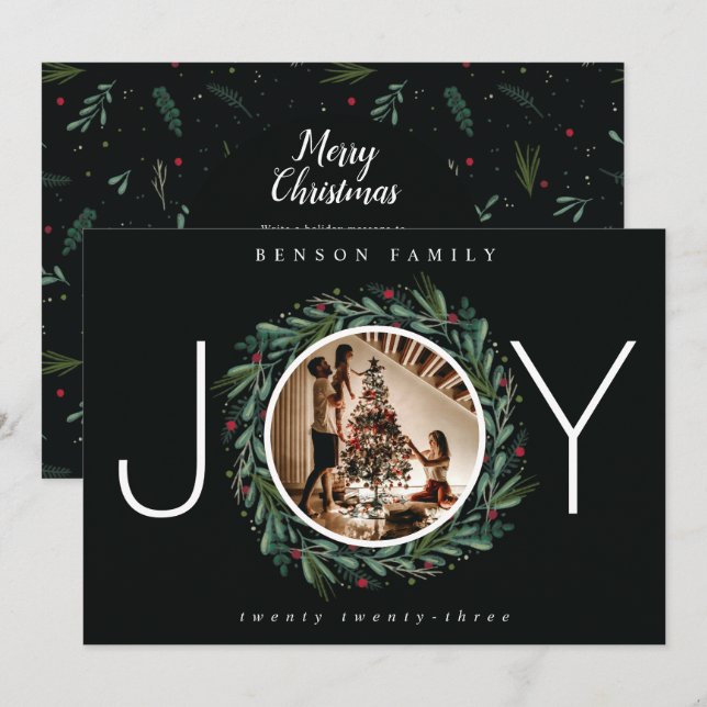 Tarjeta Festiva Festividad Navidades de JOY Wreath deja foto de Be (Anverso / Reverso)