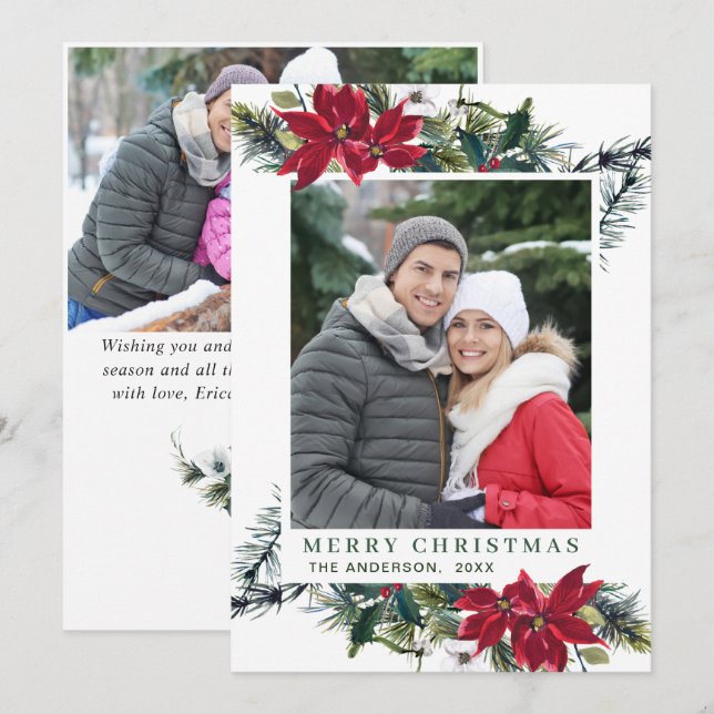 Tarjeta Festiva Festividad Navidades de la Poinsettia Roja saludan (Anverso / Reverso)