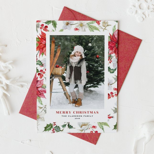 Tarjeta Festiva Festividad Navidades del patrón floral invernal (Festive Winter Floral Pattern Christmas Photo Holiday Card)
