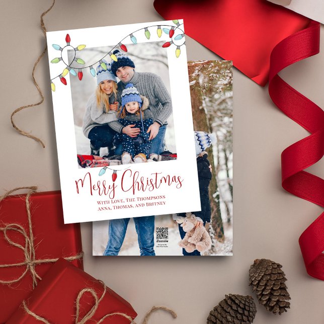 Tarjeta Festiva Festividad navideña Cute String Luces 2 Foto (Merry Christmas cute calligraphy script two photo greeting card template. )