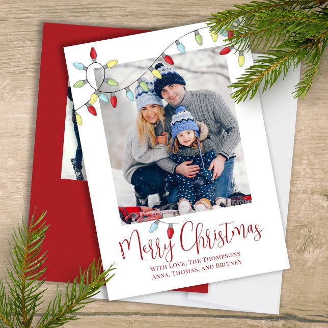 Tarjeta Festiva Festividad navideña Cute String Luces 2 Foto (Merry Christmas cute calligraphy script two photo greeting card template. )