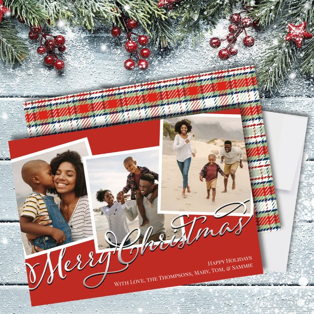 Tarjeta Festiva Festividad navideña multifoto rojo de festividad (Merry Christmas Red and Green Plaid Calligraphy Script holiday photo card. )