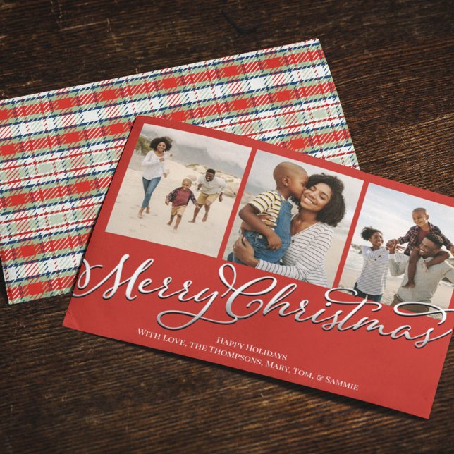 Tarjeta Festiva Festividad navideña multifoto rojo de festividad (Merry Christmas Calligraphy red and green plaid multi photo greeting card)