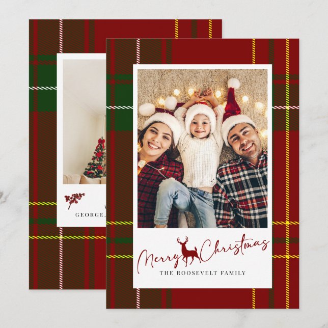 Tarjeta Festiva Festividad navideña Navidades tartán rojos tocados (Anverso / Reverso)