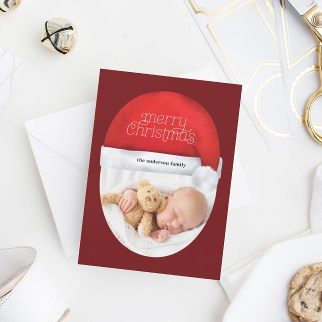 Tarjeta Festiva Festividad navideña Red Santa Hat Photo Script (Subido por el creador)