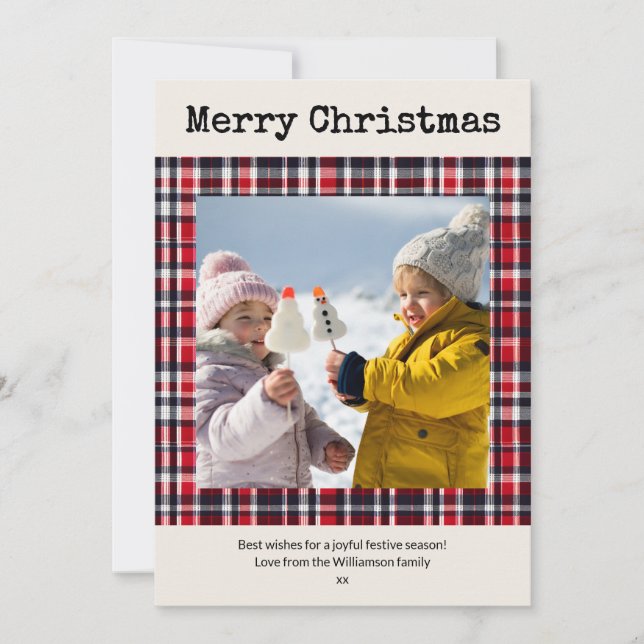 Tarjeta Festiva Festividad Personalizado de Plaid Rojo Navidades d (Anverso)