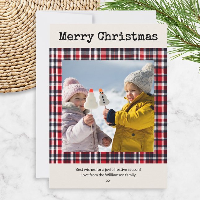 Tarjeta Festiva Festividad Personalizado de Plaid Rojo Navidades d (A Christmas holiday card personalized with a photo in a square tartan border and custom message)