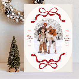 Tarjeta Festiva Festividad Retro Trendy Red Bows Oval Foto