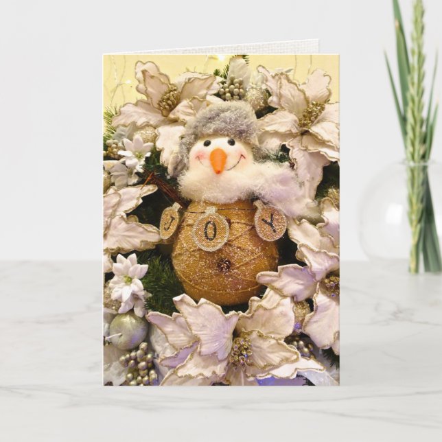 Tarjeta Festiva Festividad Rustic Burlap Snowman Poinsettia (Anverso)