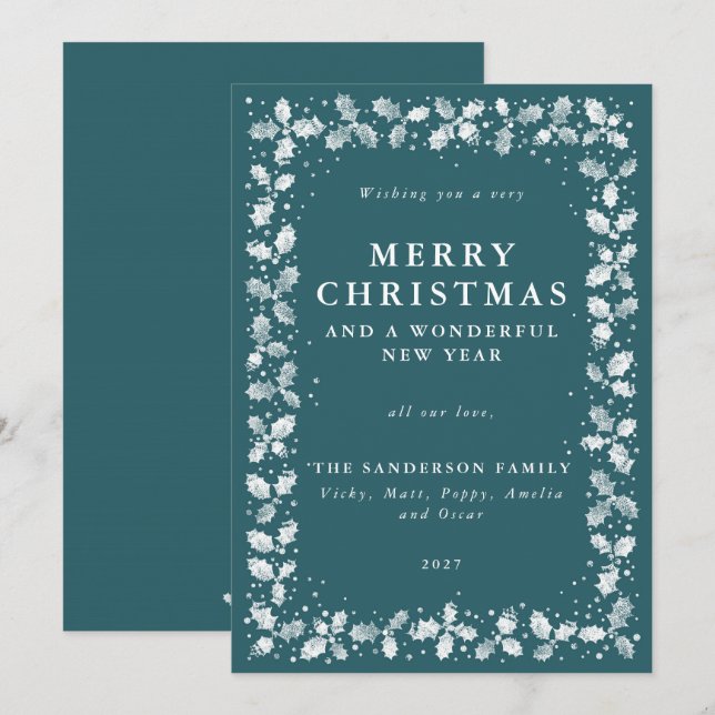 Tarjeta Festiva Festividad Verde Holly + Berry Border Flat No Phot (Anverso / Reverso)
