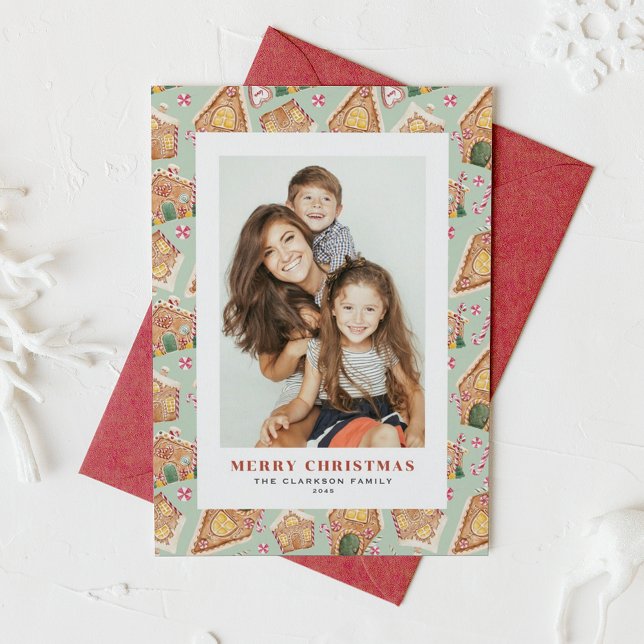 Tarjeta Festiva Festividades Berries y Greenery Fotos navideñas (Festive Gingerbread House Mint Photo Christmas Holiday Card)