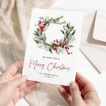 Tarjeta Festiva Festividades botánicas Navidades Wreath Merry Chri<br><div class="desc">Envía a los navidades a alegrarse con esta simple y elegante tarjeta navideña de Feliz Navidad. El diseño tiene un fondo blanco clásico,  una hermosa corona botánica de acuarela adornada con follaje de invierno y bayas rojas,  y un sencillo patrón de navidad que es fácil de personalizar.</div>