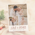 Tarjeta Festiva Festividades de amor y paz 3 Navidades Collages de<br><div class="desc">El amor moderno y la paz Navidades de escritura a mano tarjetas de fotos de vacaciones. Un diseño de boho con tres fotos de tu elección en un sencillo diseño de collage. Hay una gran foto horizontal en la parte superior de la página, con dos fotos más pequeñas unas al...</div>