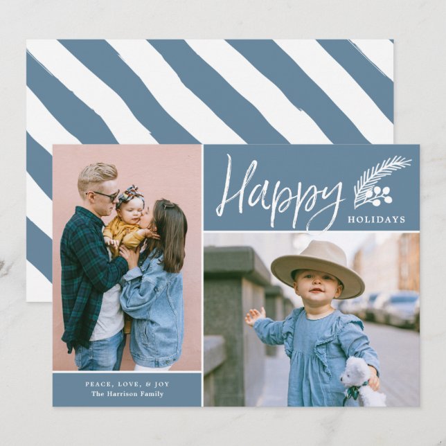 Tarjeta Festiva Festividades Felices Modernas Dos Fotografía Azul (Anverso / Reverso)